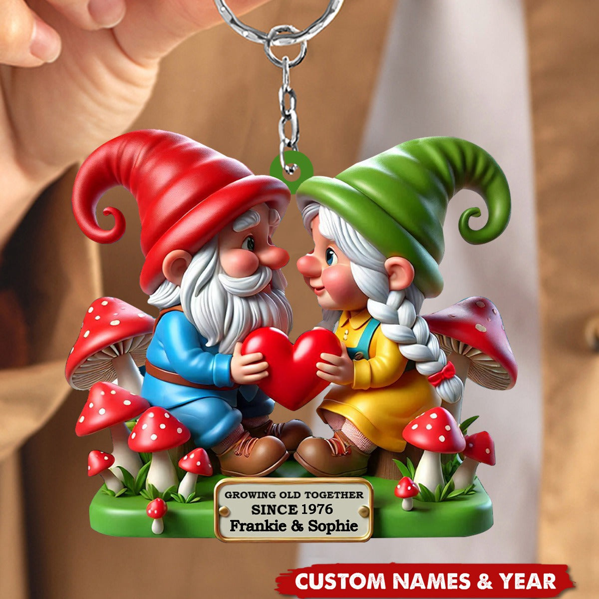 Growing Old Together Dwarf Holding Heart Personalized Couple Keychain