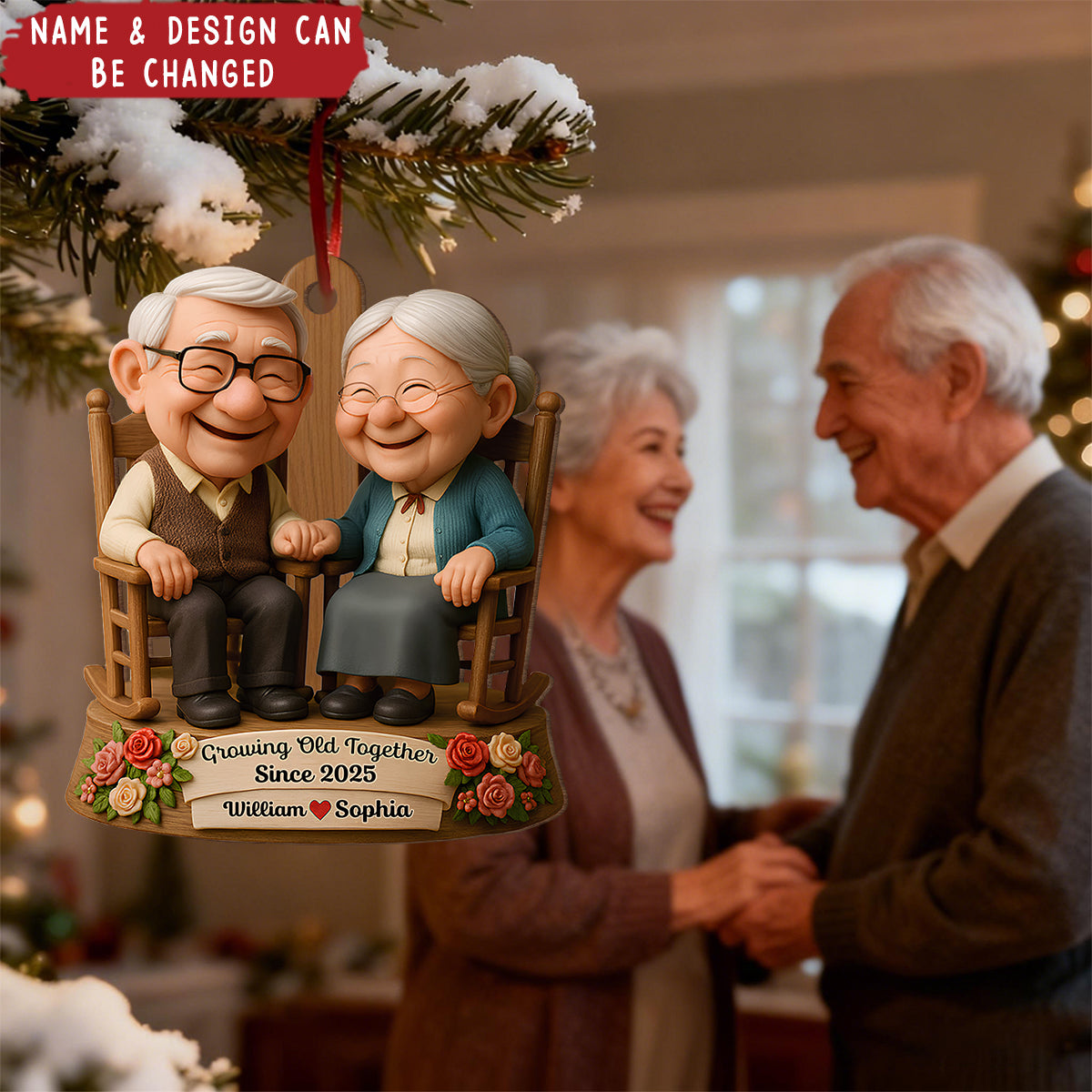Growing Old Together, Elderly Couple On Rocking Chair, Custom Wood Ornament