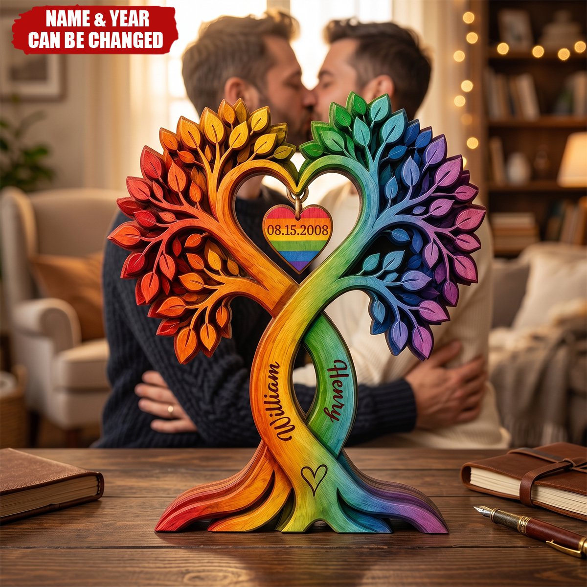 Personalized LGBTQ Family Tree Wooden Block Sign, Custom Rainbow Couple Anniversary Gift
