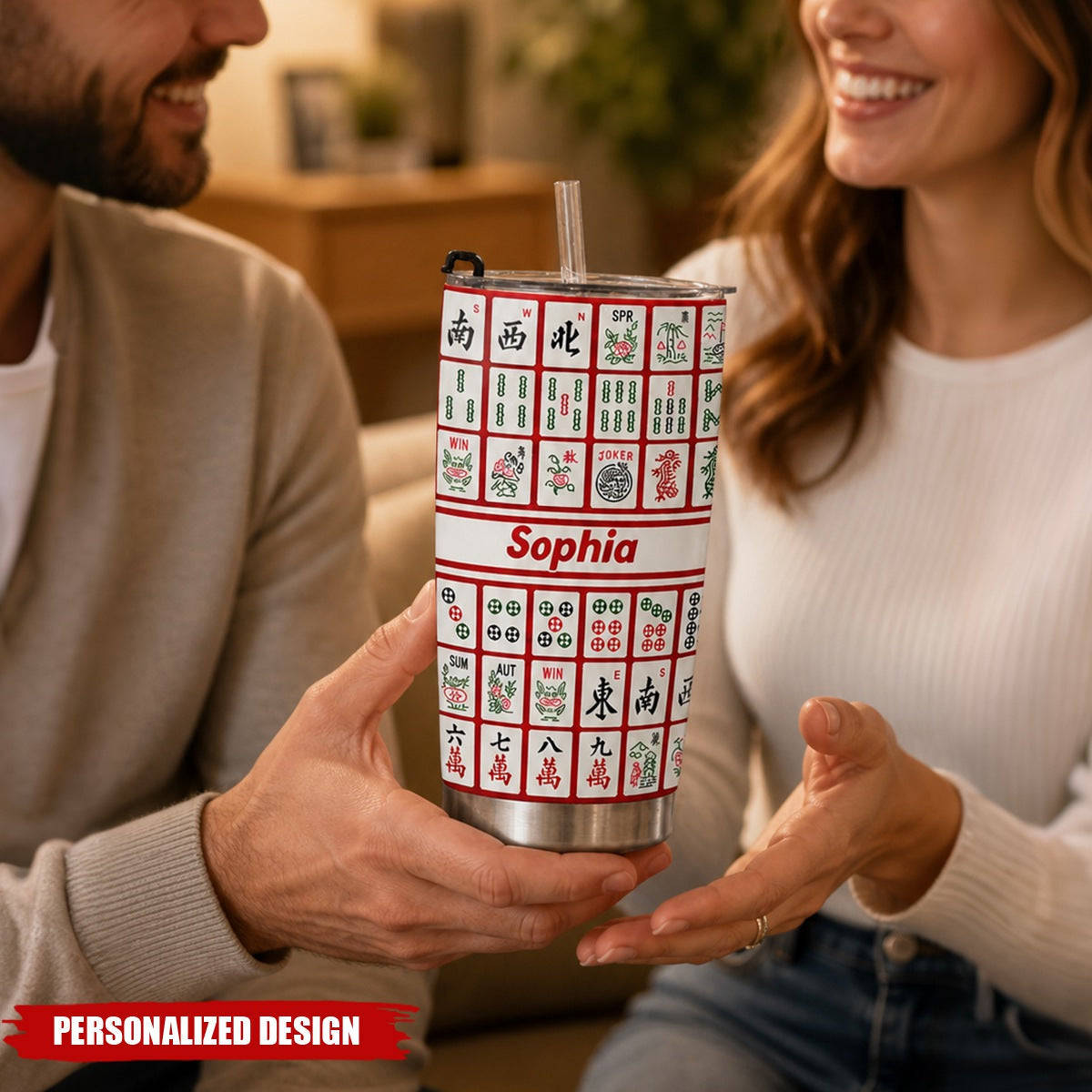 Personalized Mahjong Tiles Stainless Steel Tumbler - Custom Name Mahjong Lover 20oz Travel Cup