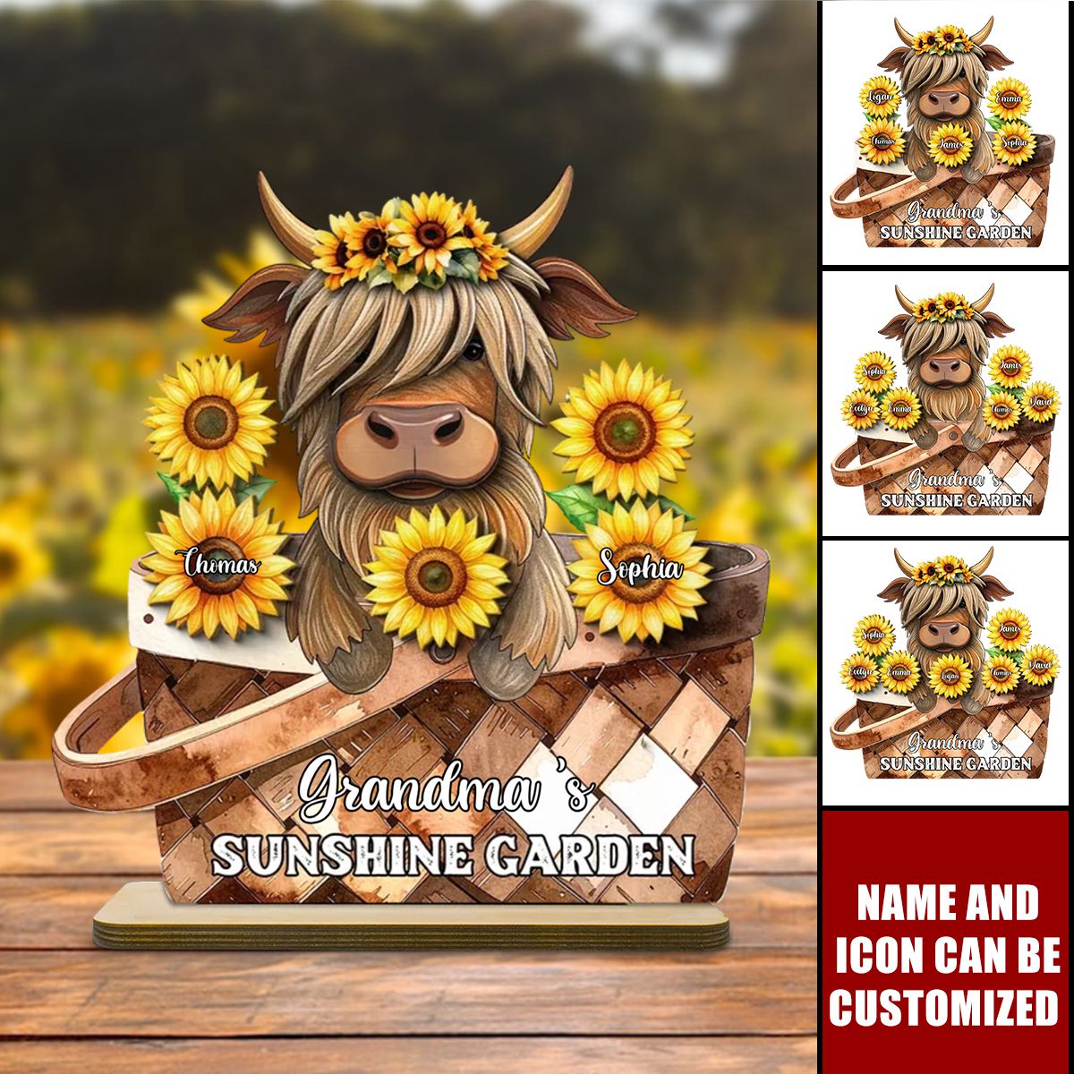 Cute Highland Cow Sunflower with Grandkids’ Names - Personalized 2-Layer Standing Wooden Plaque