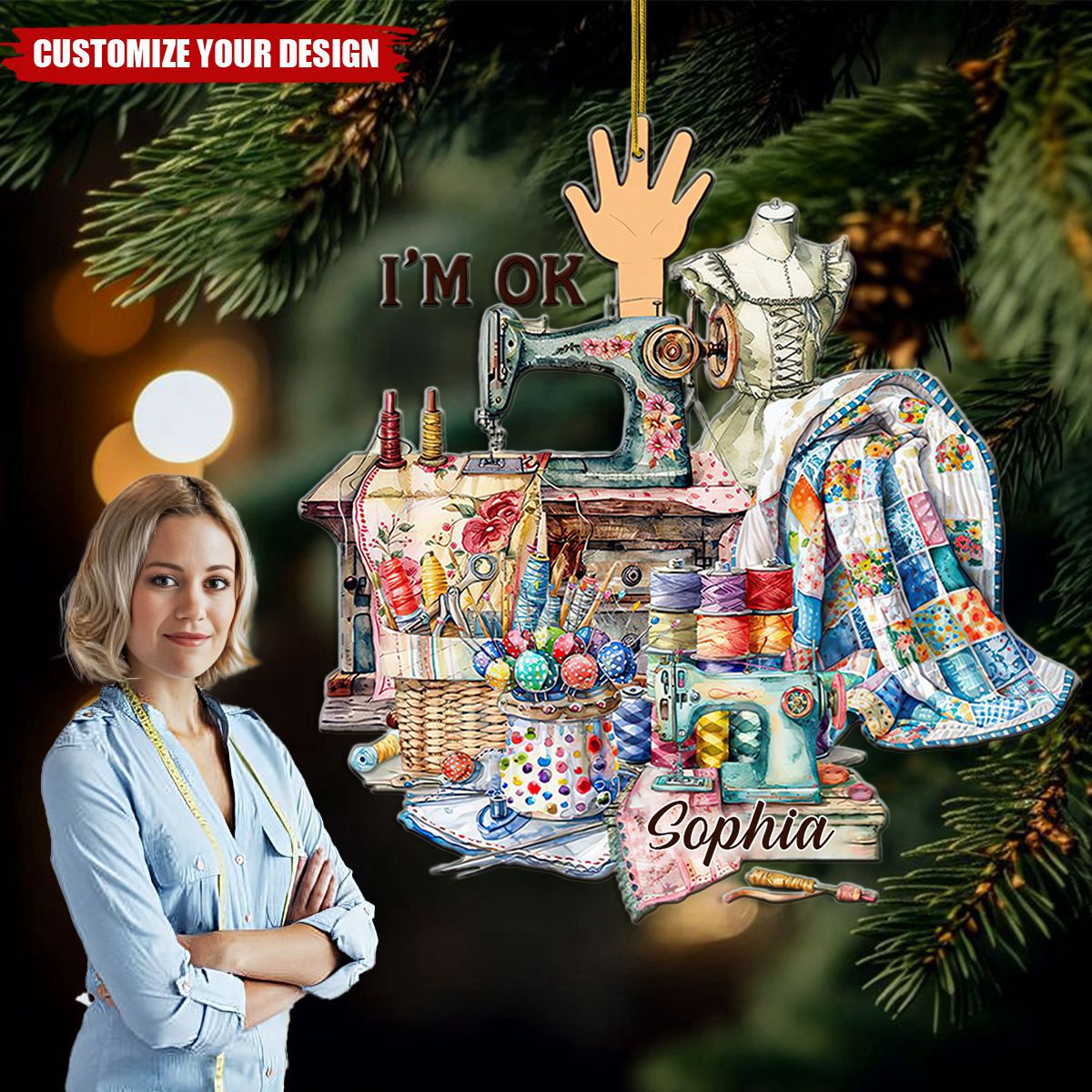 Personalized Sewing I'm Ok Ornament - Custom Knitted Acrylic Ornament Gift For Knitter