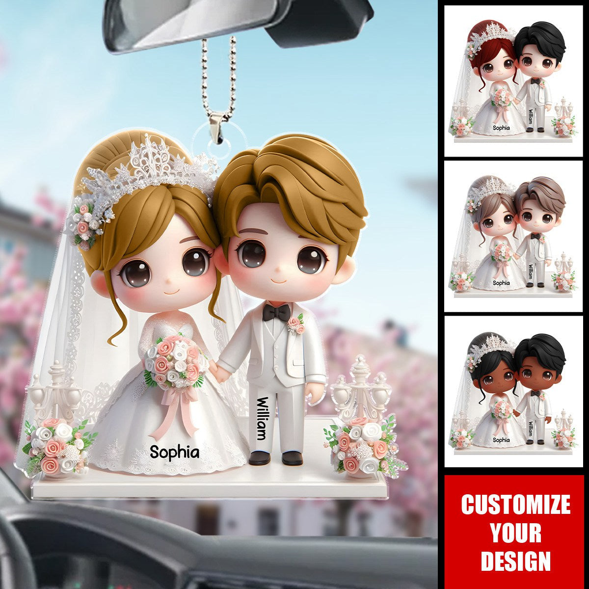 Cute Wedding Couple Holding Hands - Personalized Car Ornament