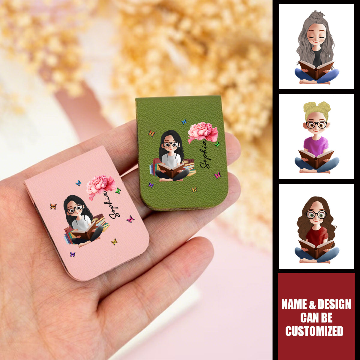 Birth Flower Book Lovers - Personalized Leather Magnetic Bookmark