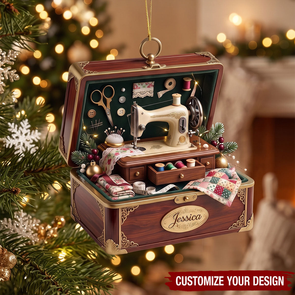 Personalized Vintage Sewing Studio Box Ornament - Custom Acrylic Keepsake Gift
