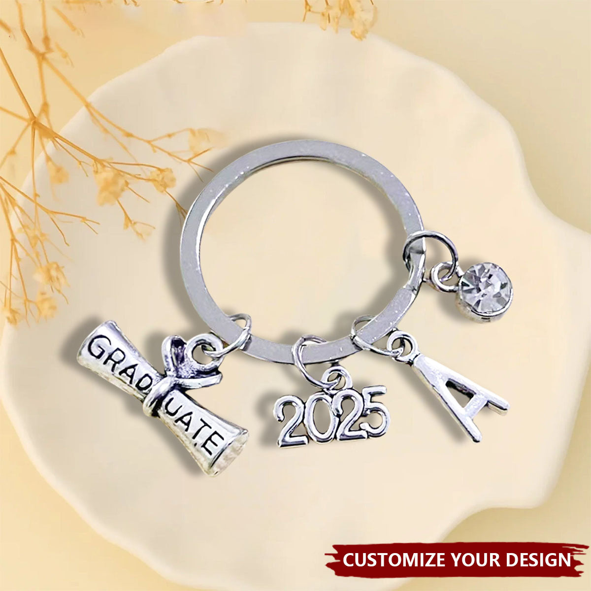 2025 Graduation Custom Initial Birthstone Personalized Keyring, Graduation Keepsake