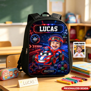 Personalized Kids Racing Backpack -Custom Name and  Photo Cartoon Race Car Driver
