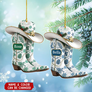 Customize Name Cowgirl Boots Christmas Ornament, Coquette Bow Hat Gift