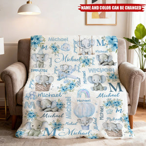 Custom Name Baby Fleece Blanket with Cute Pink Elephant Illustrations, Lightweight Cozy Throw, Adorable Personalized Gift