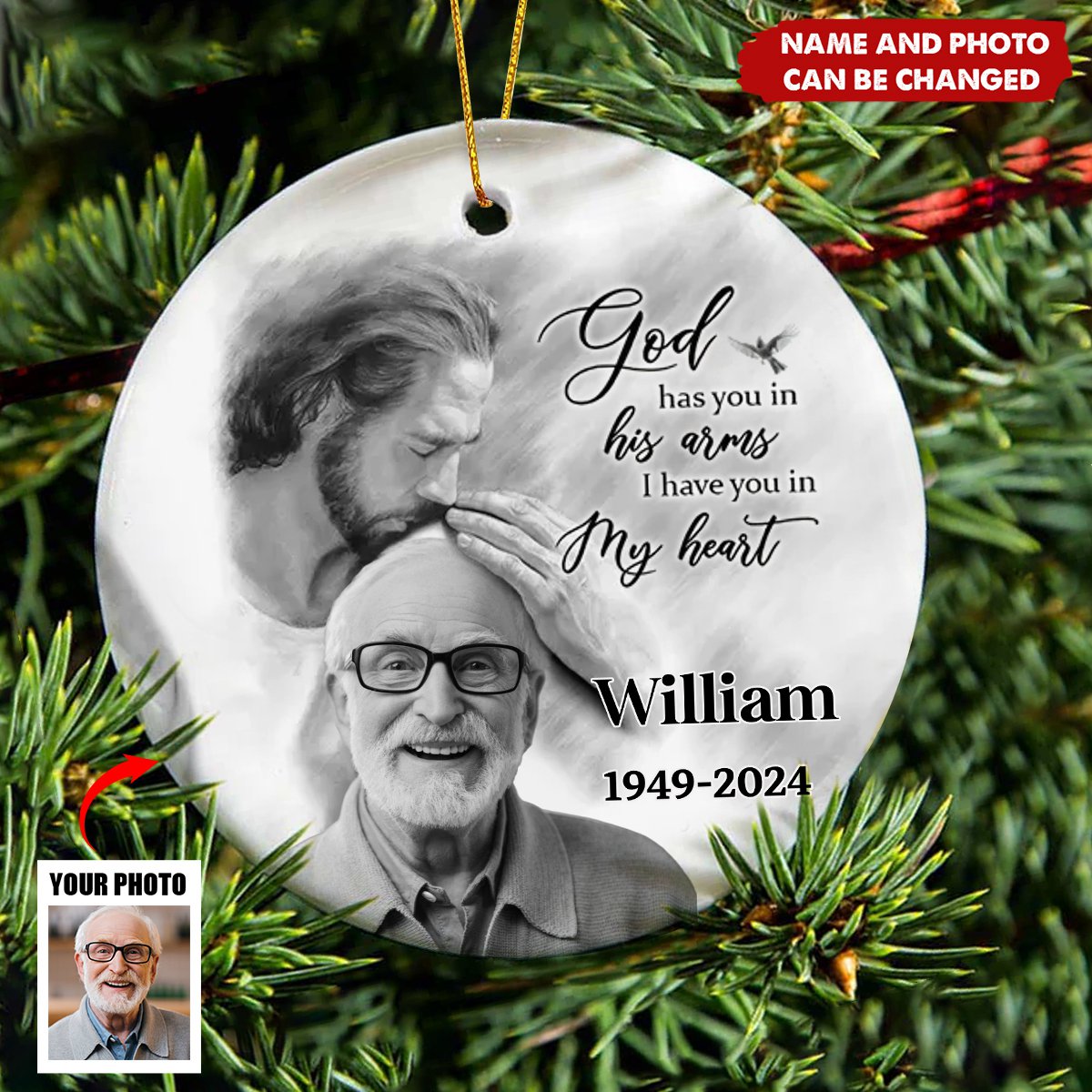 Personalized Memorial God Has You In His Arms Circle Ceramic Ornament