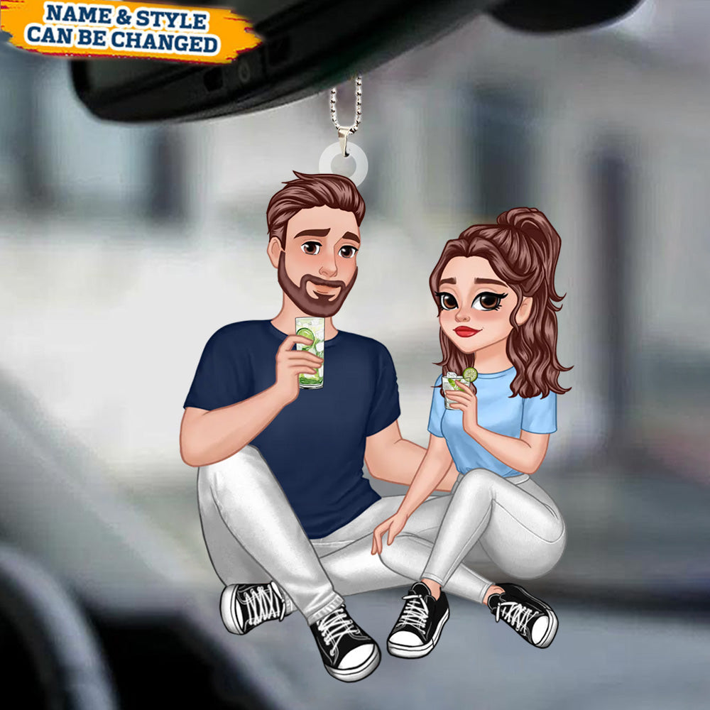 Cartoon Couple Sitting Anniversary Gift For Him Gift For Her - Personalized Car Ornament