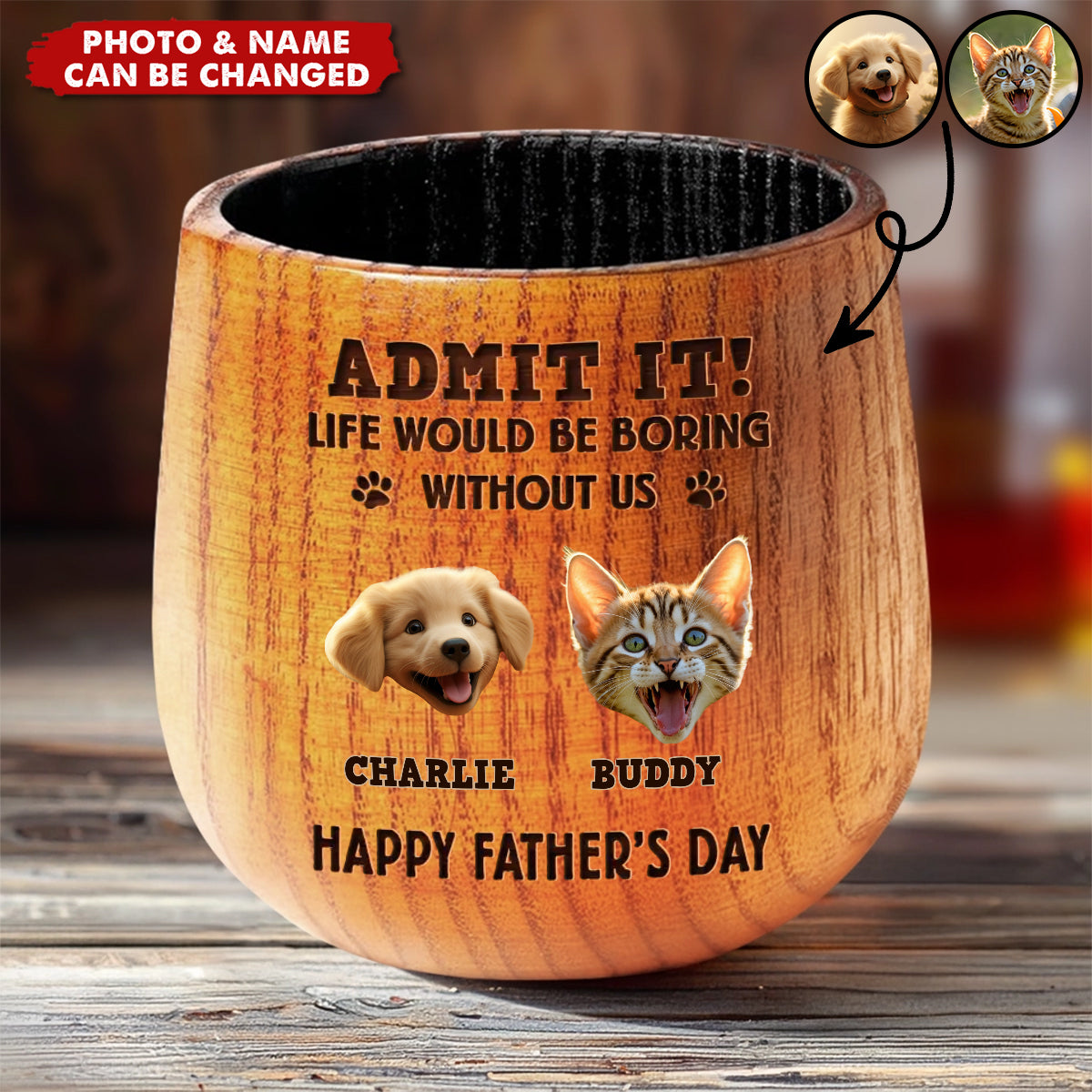 Custom Photo Dog Dad Vibes Only - Dog & Cat Personalized Wooden Whiskey Glass