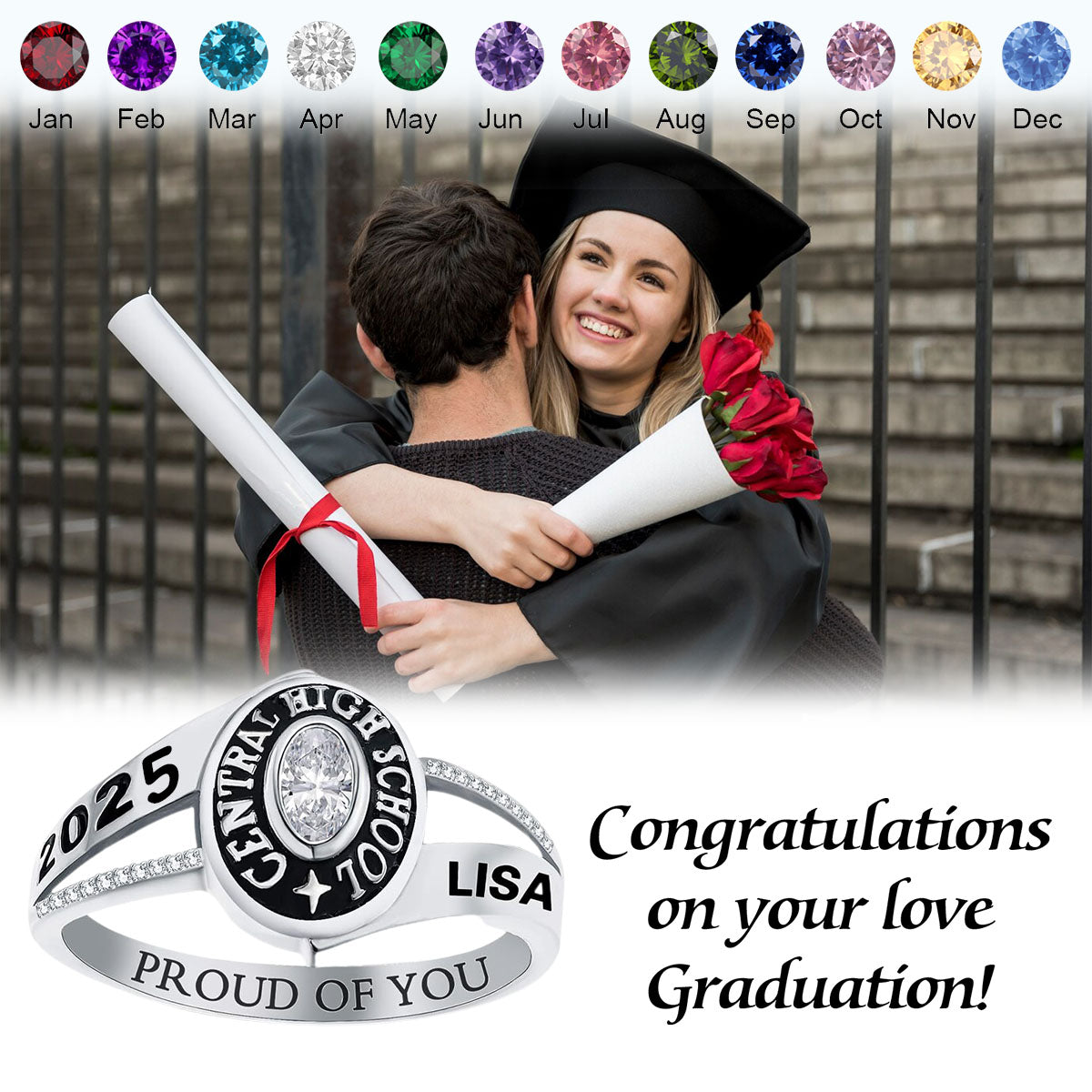 Custom School Name Birthstone Personalized Graduation Ring, Gift For Her