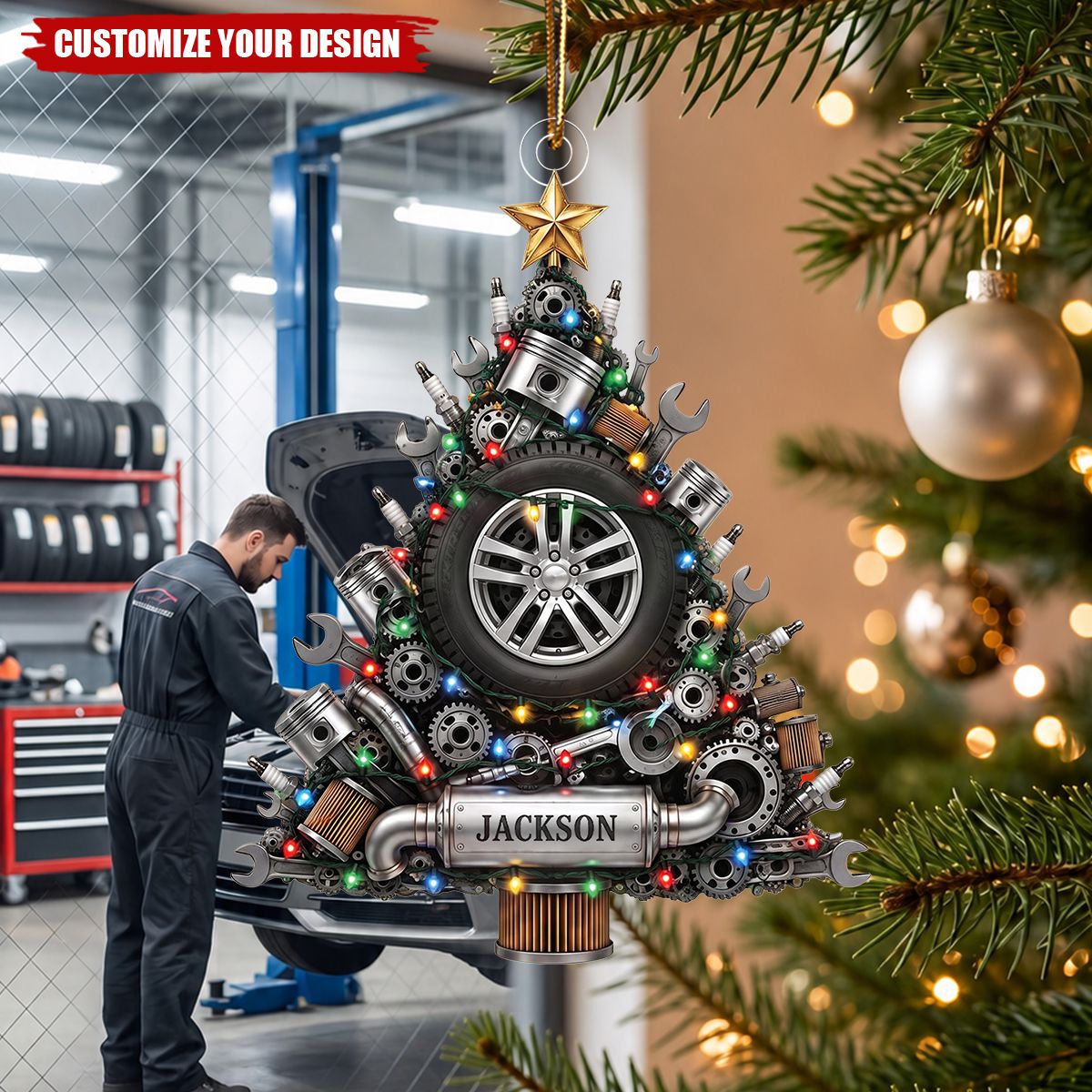 Personalized Mechanic Car Acrylic Christmas Ornament, Custom Holiday Tree Decoration