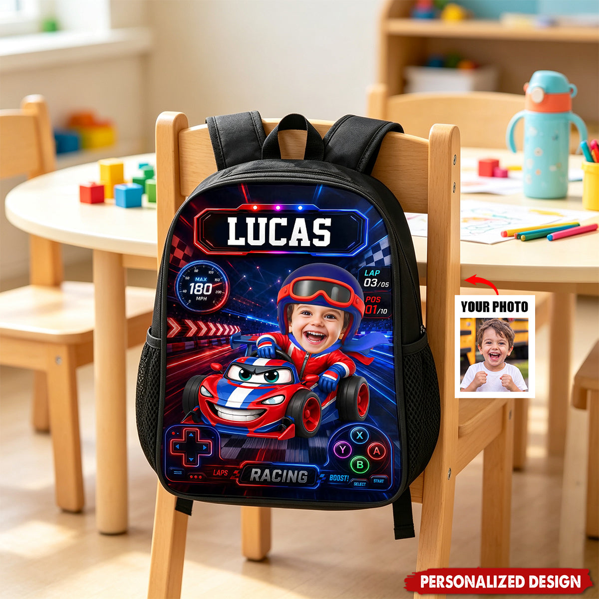 Personalized Kids Racing Backpack -Custom Name and  Photo Cartoon Race Car Driver