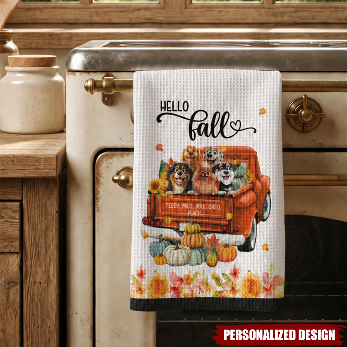 Personalized Hello Fall Dog Kitchen Towel - Custom Dog Names