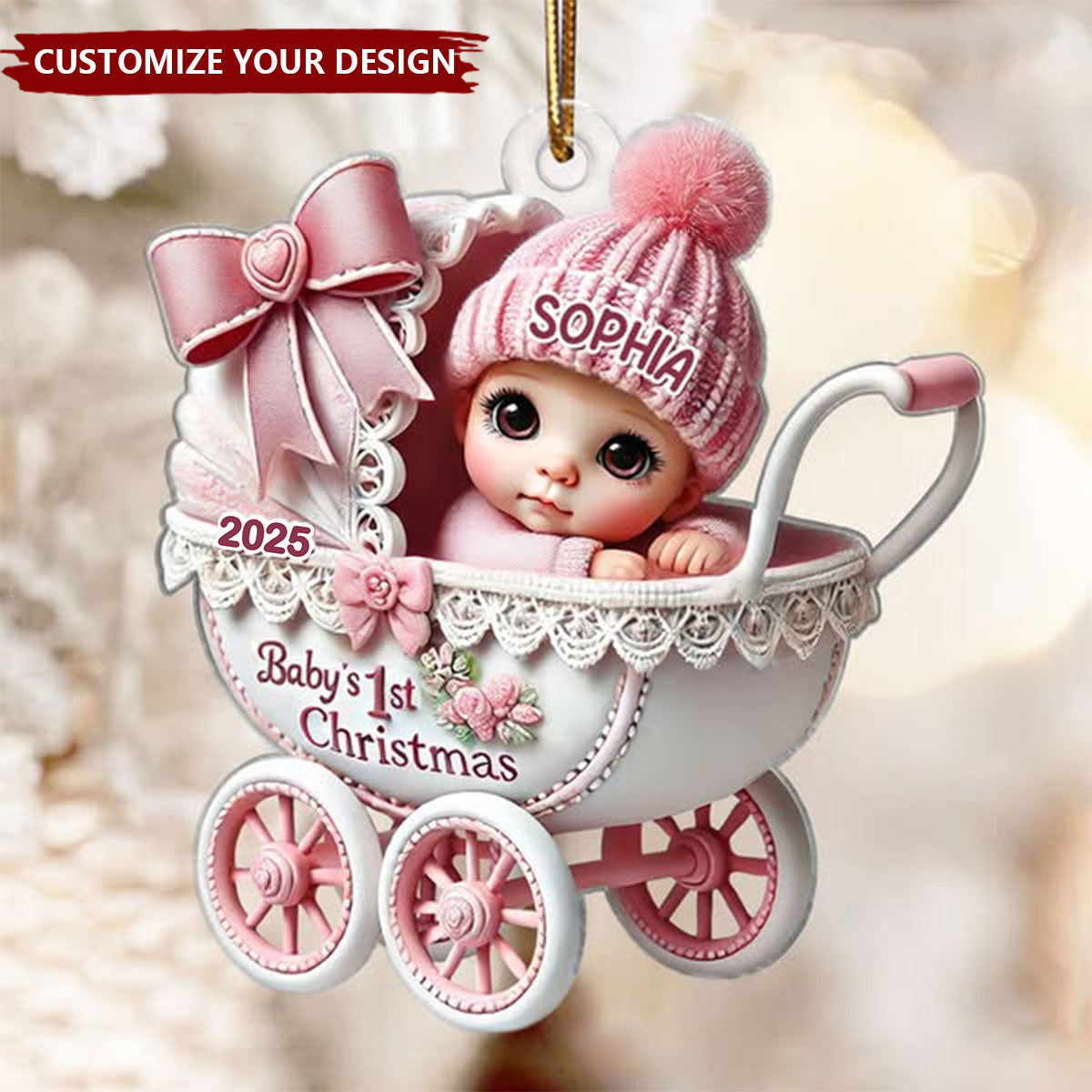 Newborn Baby In Carriage Christmas Personalized Acrylic Ornament