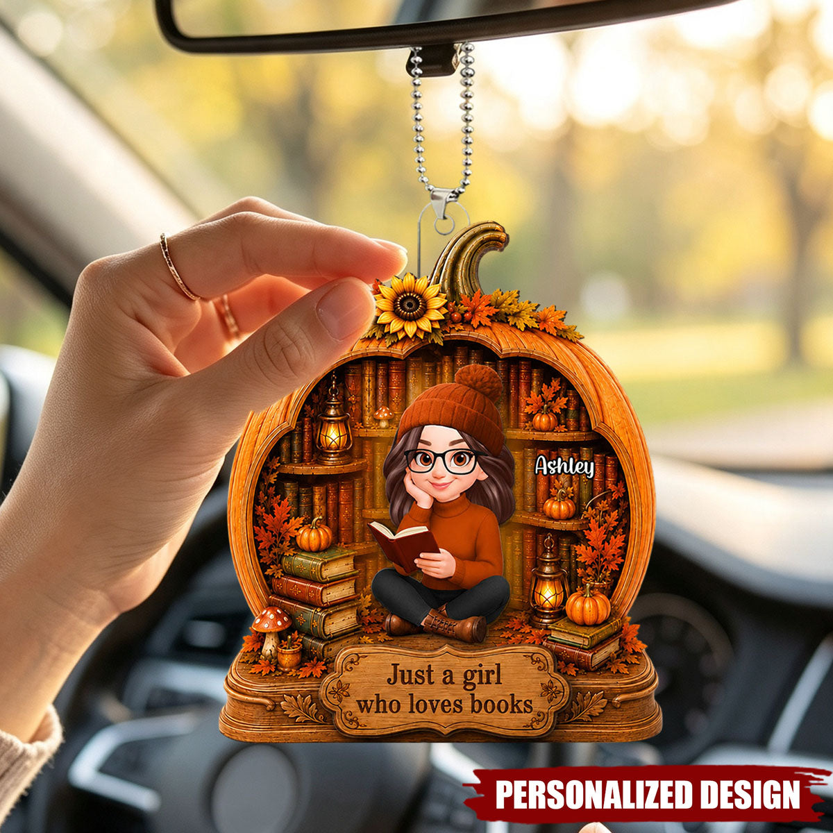 Personalized Fall Pumpkin Book Lover Car Hanging Ornament - Custom Name Acrylic Car Charm