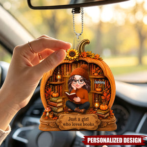 Personalized Fall Pumpkin Book Lover Car Hanging Ornament - Custom Name Acrylic Car Charm