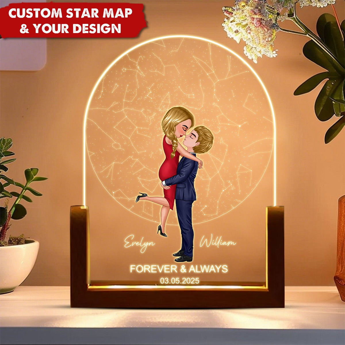 Couple Hugging Kissing - Personalized Star Map LED Night Light