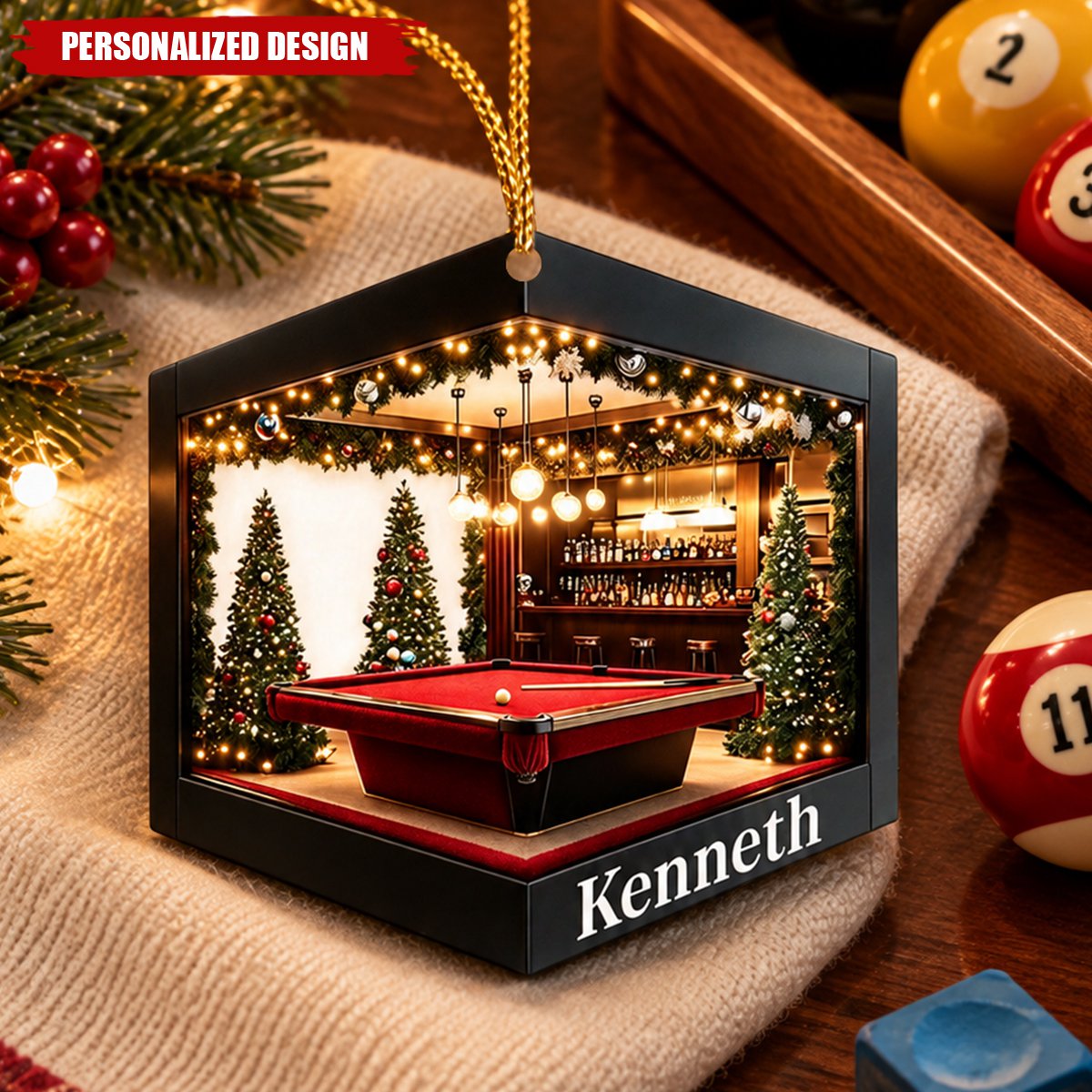 Personalized Billiard Pool Table 2D Flat Acrylic Christmas Ornament Custom Name