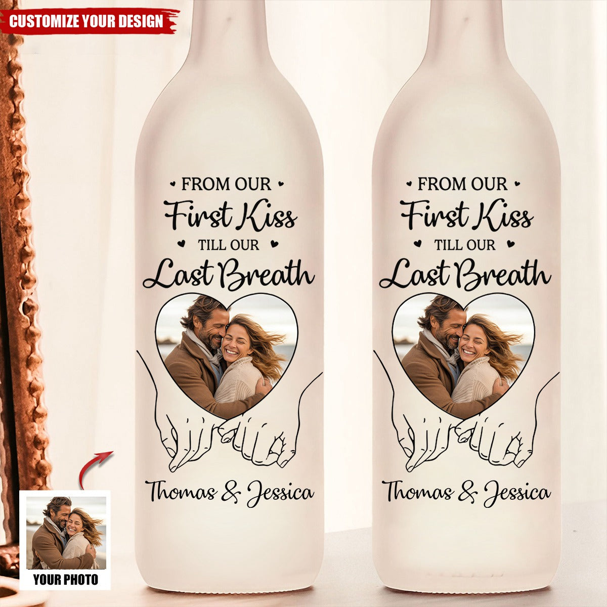 Custom Photo Hand In Hand, We Conquer All - Couple Personalized Bottle Lamp, Gift For Husband Wife, Anniversary