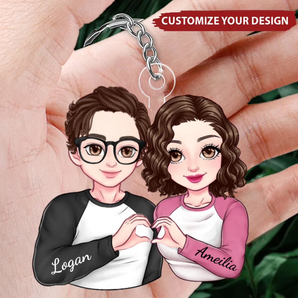 Cartoon Couple Heart Gesture - Personalized Acrylic Keychain, Anniversary Gift For Couple