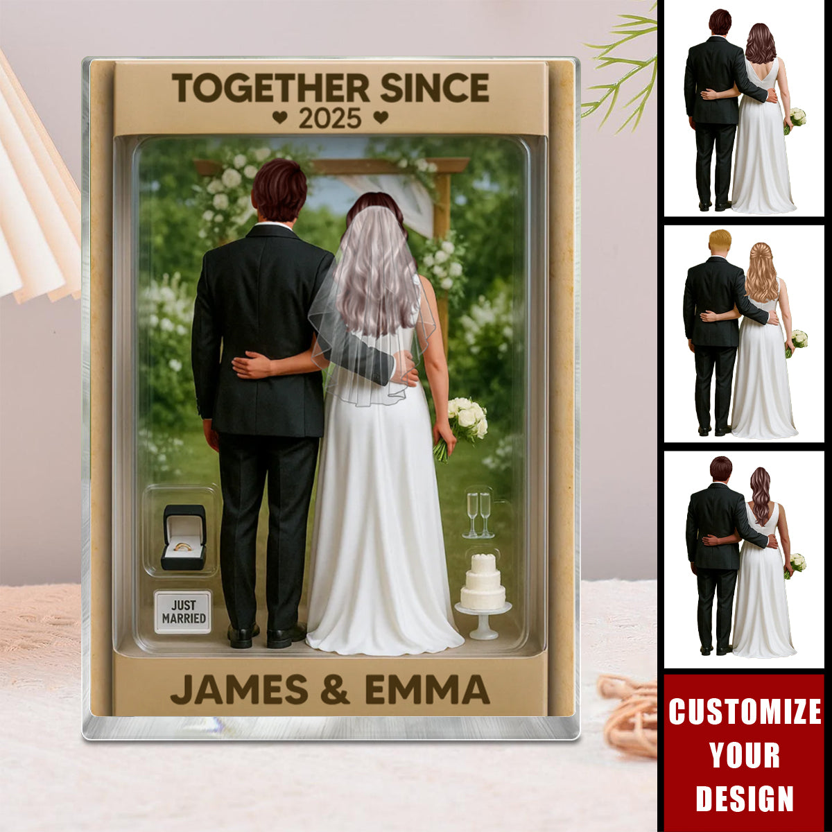 Bride & Groom Couple Garden Wedding Theme - Personalized Acrylic Block Plaque