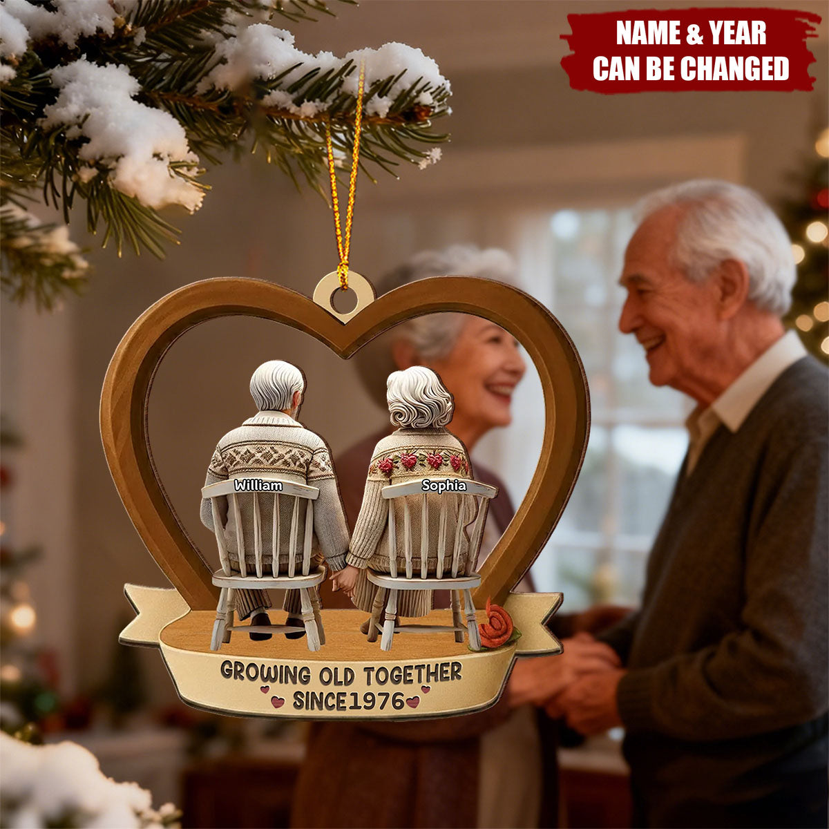 3D Back View Old Couple Growing Old Together - Personalized Wooden Ornament