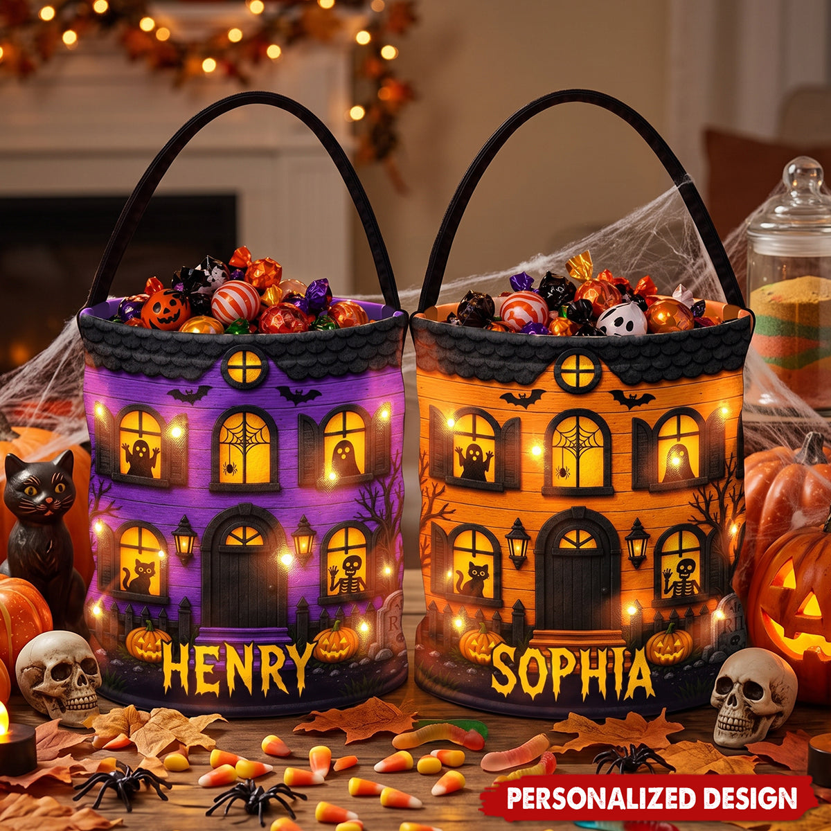 Personalized Haunted House Halloween Trick Or Treat Bucket - Custom Name Kids Halloween Candy Tote Bag