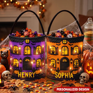 Personalized Haunted House Halloween Trick Or Treat Bucket - Custom Name Kids Halloween Candy Tote Bag