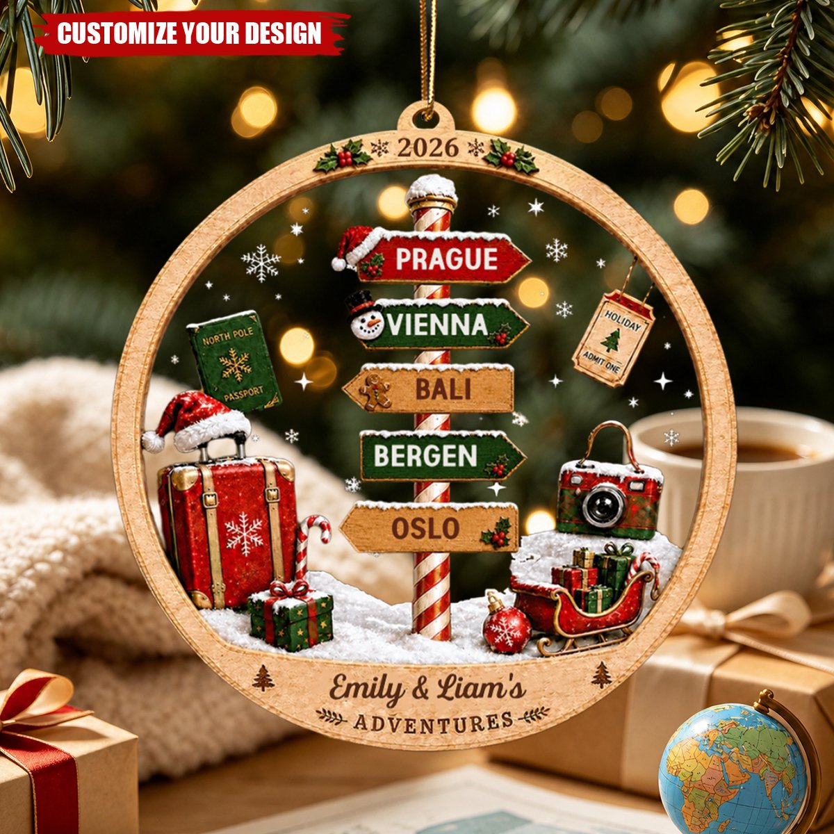 Personalized Adventure Travel Ornament, Holiday Gift for Family & Couple