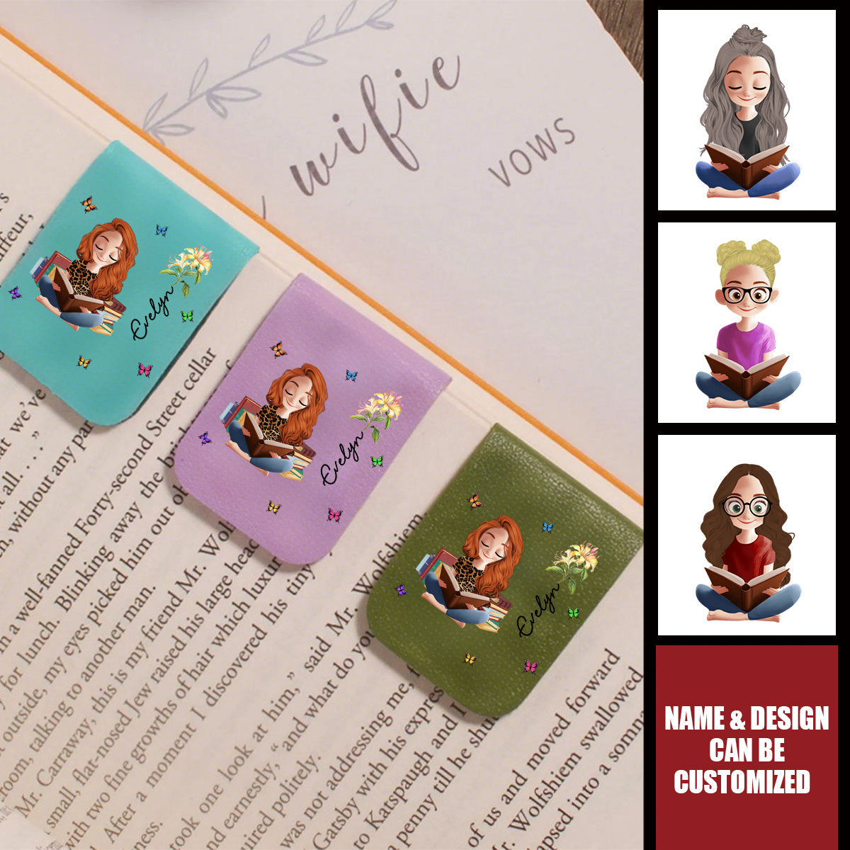 Birth Flower Book Lovers - Personalized Leather Magnetic Bookmark