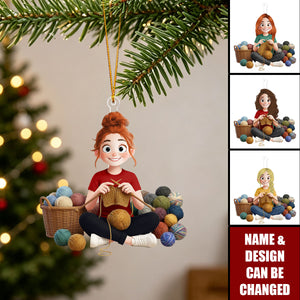Custom Knitting Girl Christmas Acrylic Ornament - Gift for Knitters