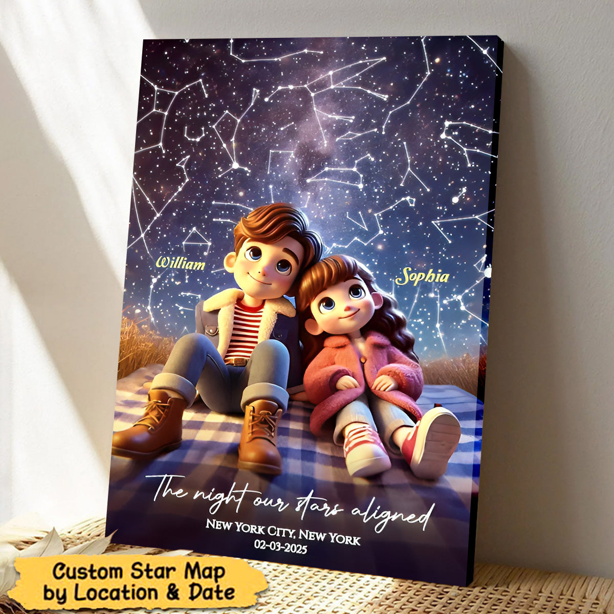 Cartoon Couple Sitting Under the Starry Night Personalized Poster