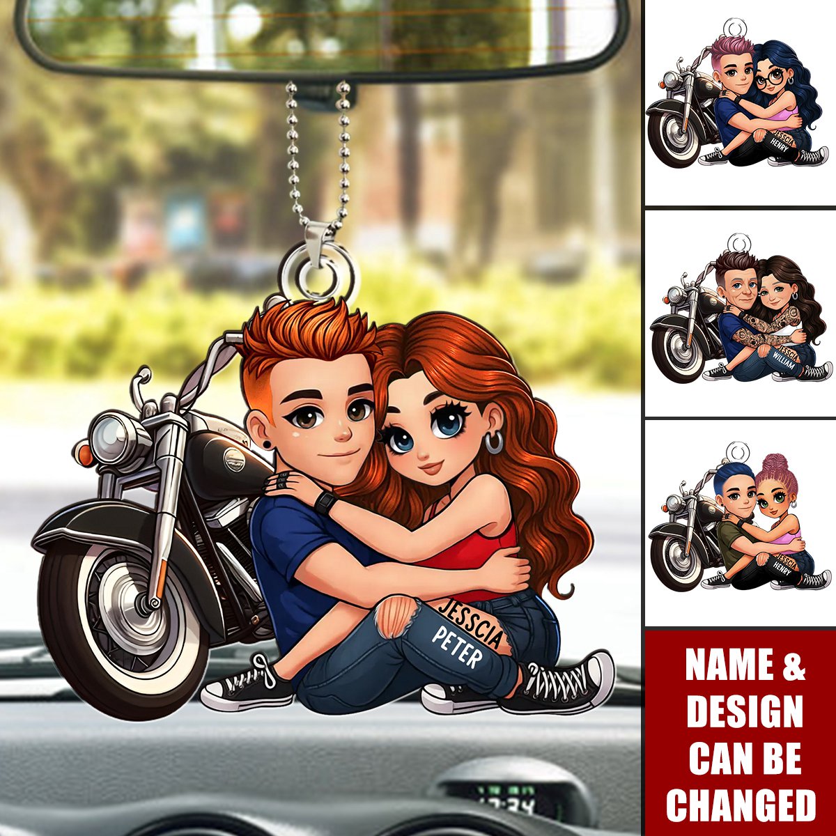 Biker Cartoon Effect Couple Personalized Acrylic Car Ornament, Gift for Motorcycle Lovers