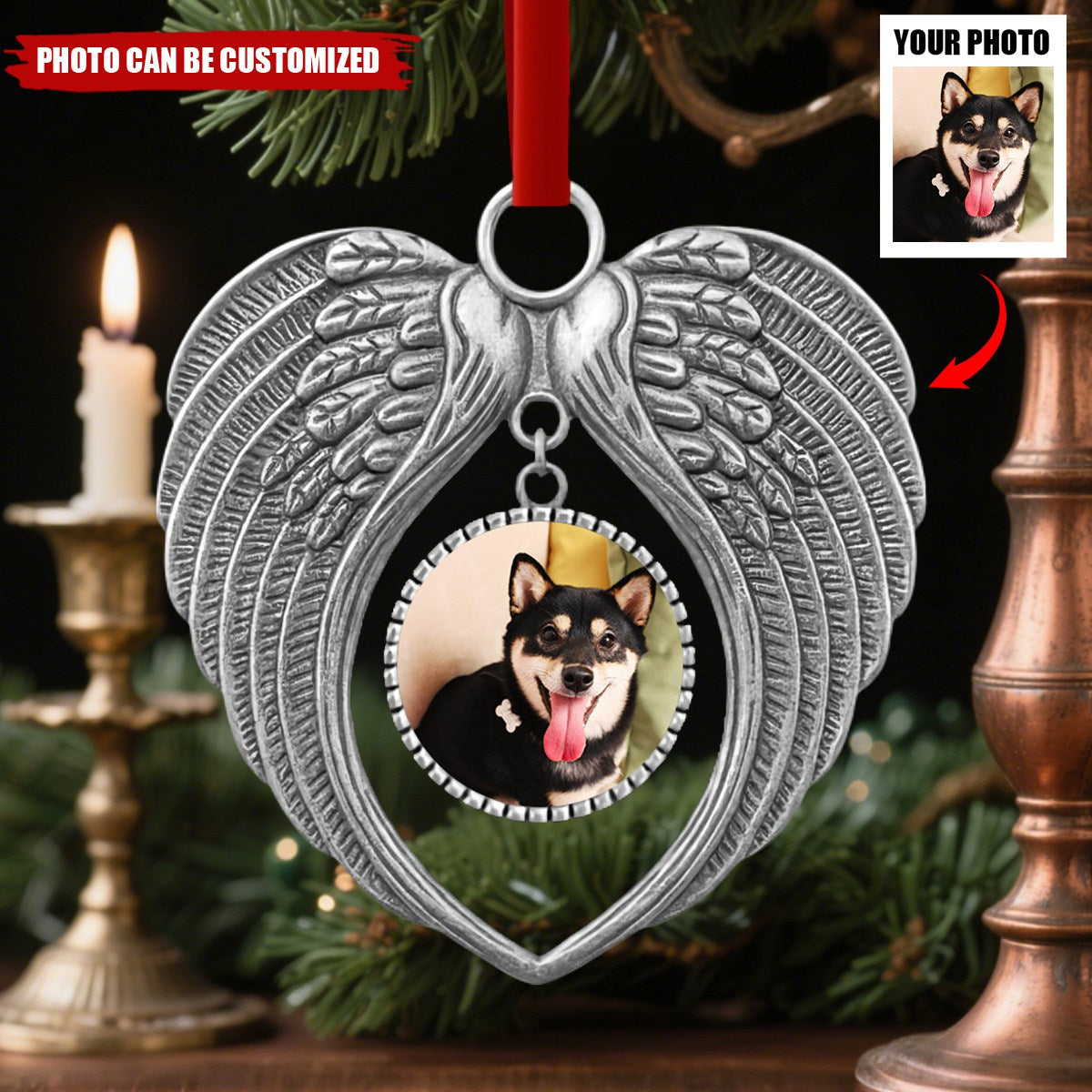 Custom Photo Forever Loved, Never Forgotten - Personalized Pet Memorial Metal Angel Wings Ornament