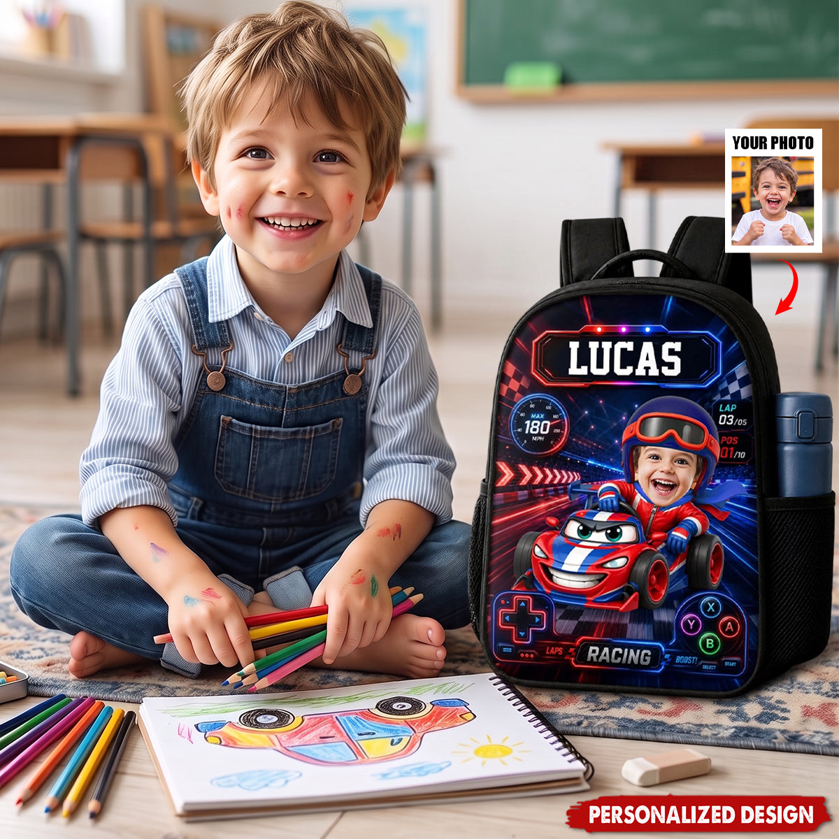 Personalized Kids Racing Backpack -Custom Name and  Photo Cartoon Race Car Driver
