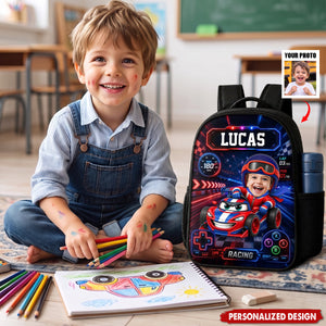 Personalized Kids Racing Backpack -Custom Name and  Photo Cartoon Race Car Driver
