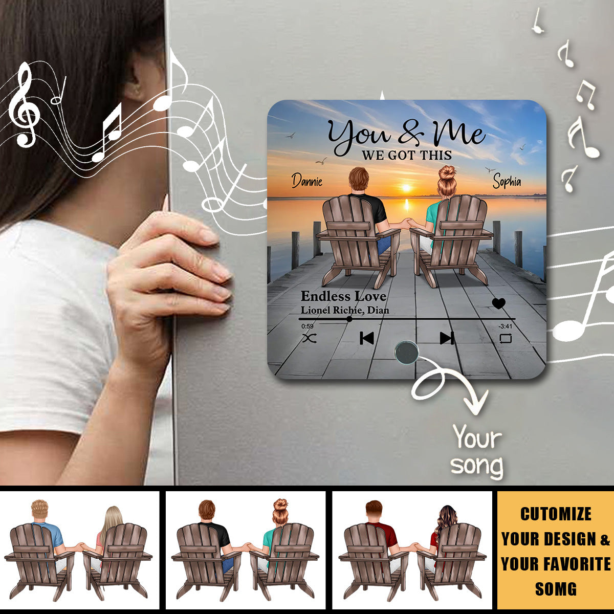 Eternal Love Couple Sitting On The Lake Dock Personalized Music Fridge Magnet