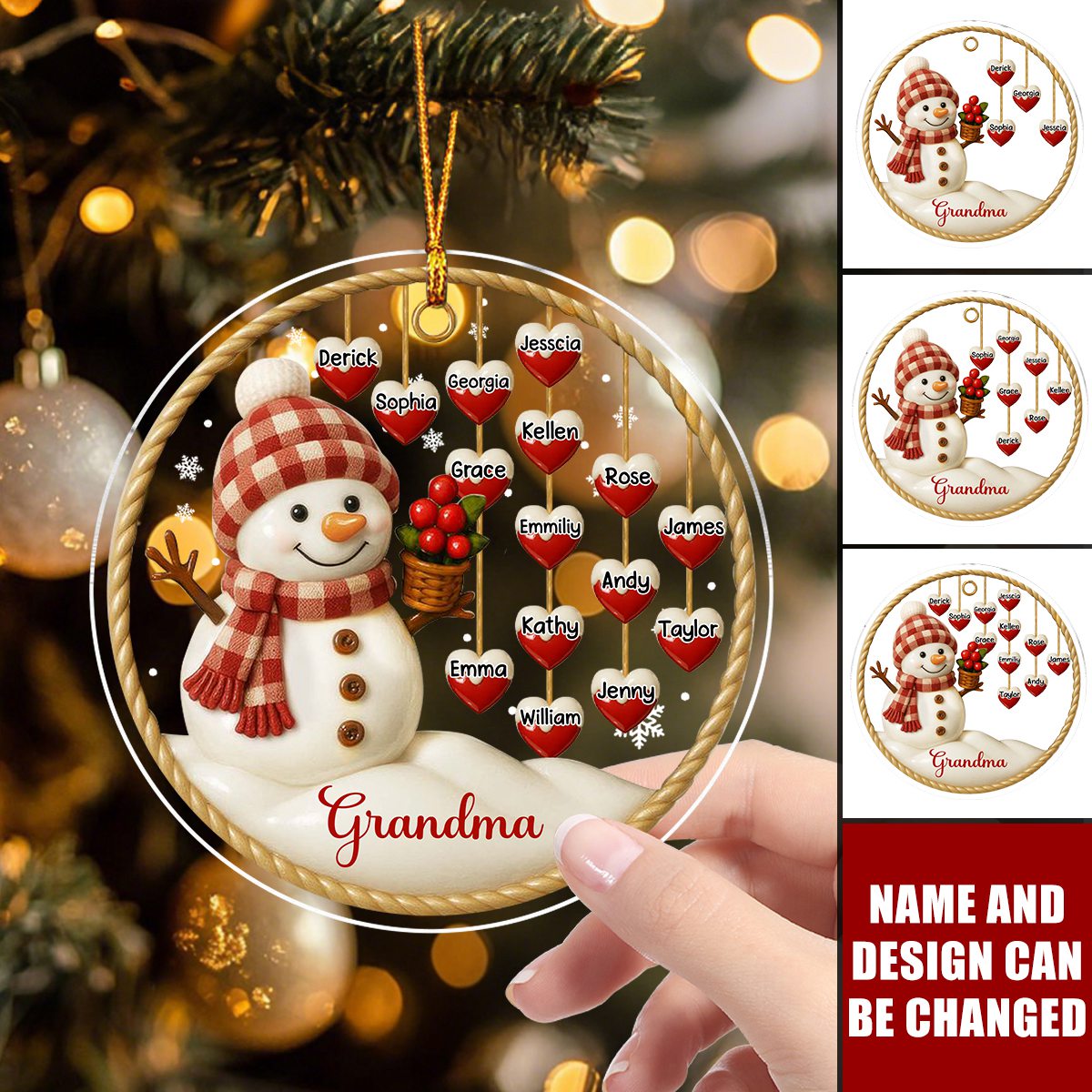 Customizable Acrylic Ornament With Snowman and Hearts, Personalized Christmas Gift For Family