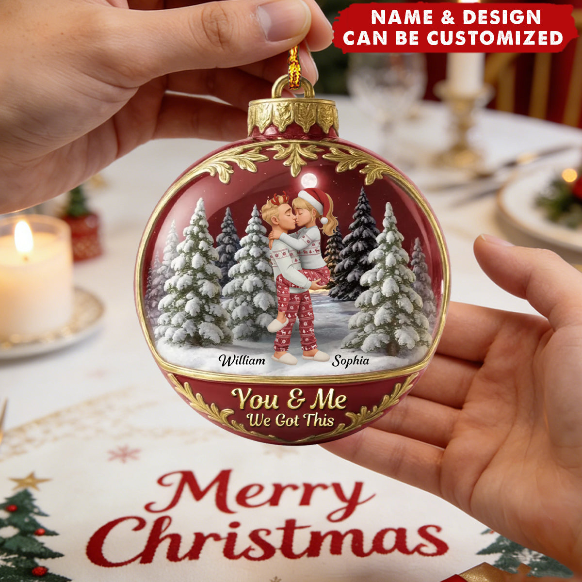 Snow Globe Kissing Couple - Personalized Acrylic Ornament - Christmas Gift for him, Gift for her