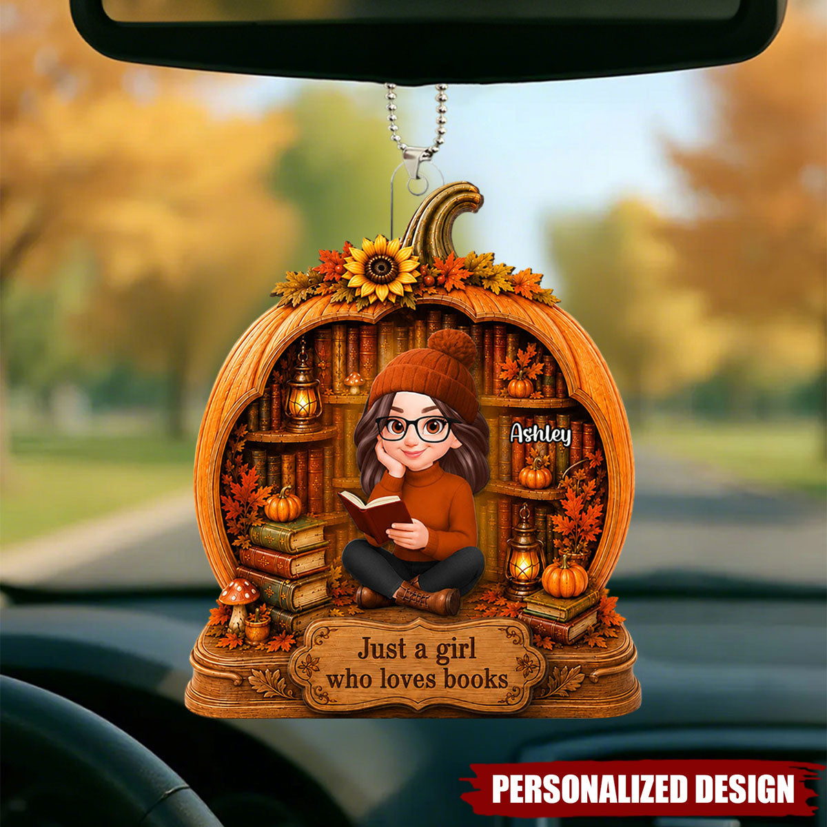 Personalized Fall Pumpkin Book Lover Car Hanging Ornament - Custom Name Acrylic Car Charm