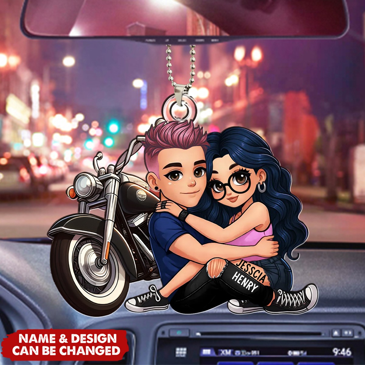 Biker Cartoon Effect Couple Personalized Acrylic Car Ornament, Gift for Motorcycle Lovers