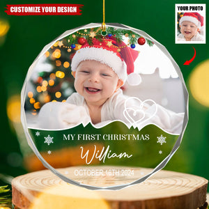 Custom Photo My First Christmas - Family Personalized Circle Glass Ornament