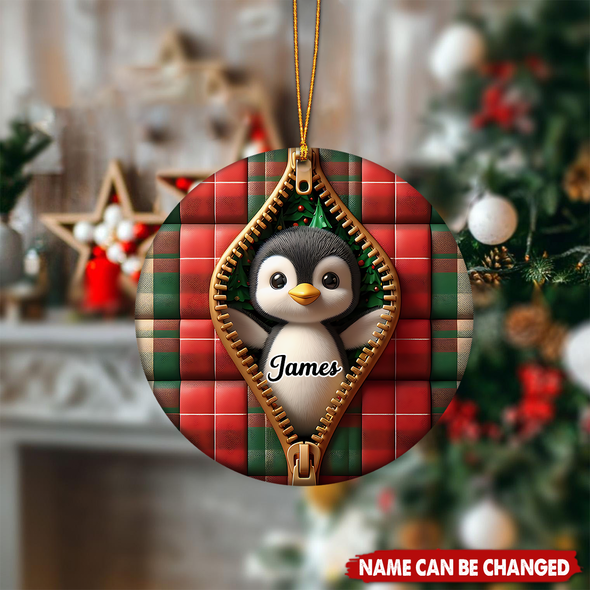 Cute Zipper Plaid Penguin Personalized Christmas Ceramic Ornament