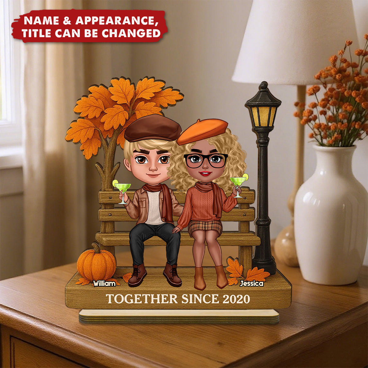 3D Effect Fall Season Couple Sitting On The Bench - Personalized 2-Layer Standing Wooden Plaque