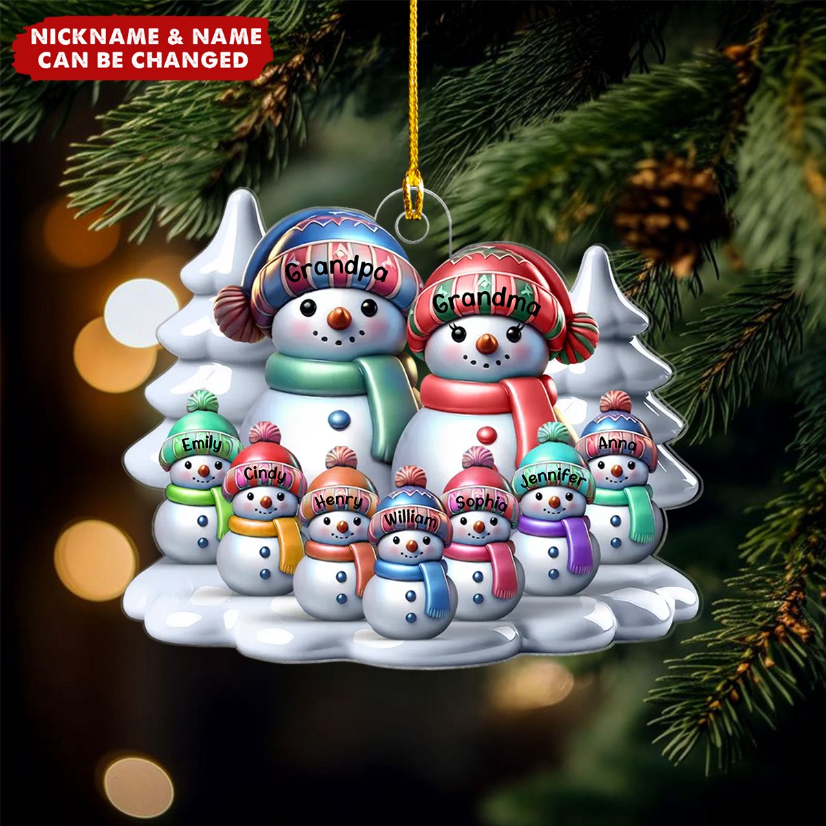 Winter Snowmen Happy Family Dad Mom Grandpa Grandma With Kids Personalized Acrylic Ornament