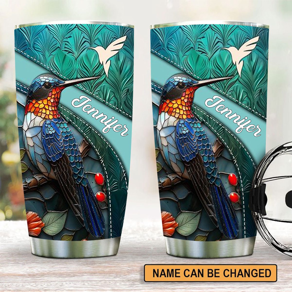 Personalized Stainless Steel Humming Bird White Pattern Tumbler
