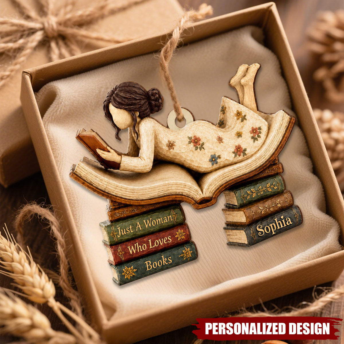 Vintage Style Woman Reading Book Stack - Personalized Name Wooden Ornament